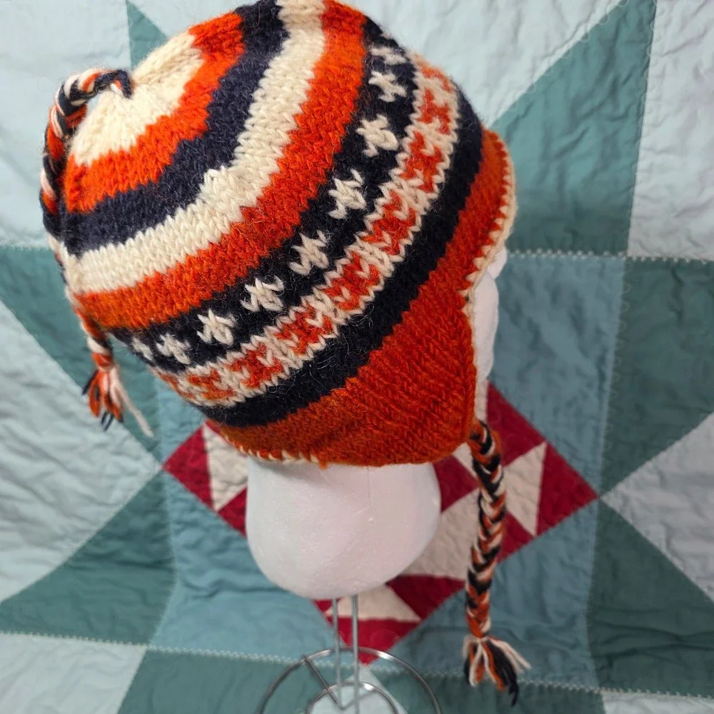 Earth‎ Ragz Knit Wool Chullo Earflap Hat Orange Navy White Fair Isle Nepal